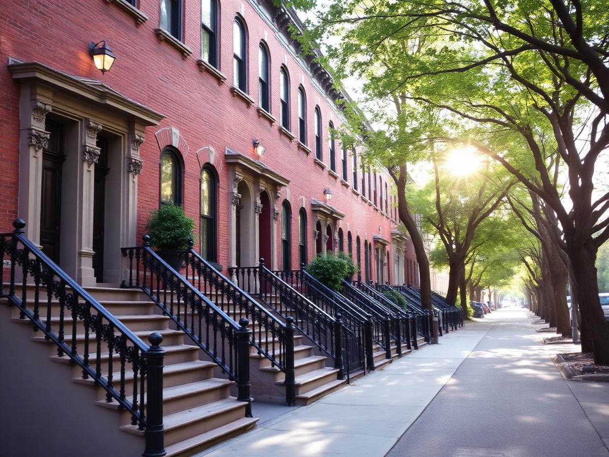 Brownstone row on a tree-lined street